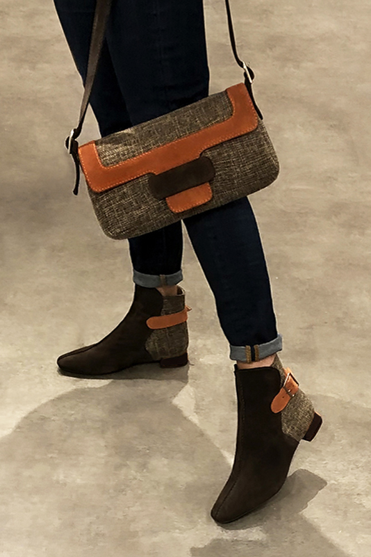 French elegance and refinement for these dark brown and terracotta orange dress booties, with buckles at the back, 
                available in many subtle leather and colour combinations. Customise or not, with your materials and colours.
This charming ankle boot fits snugly around the ankle.
It closes on the outside with a buckle.  
                Matching clutches for parties, ceremonies and weddings.   
                You can customize these buckle ankle boots to perfectly match your tastes or needs, and have a unique model.  
                Choice of leathers, colours, knots and heels. 
                Wide range of materials and shades carefully chosen.  
                Rich collection of flat, low, mid and high heels.  
                Small and large shoe sizes - Florence KOOIJMAN